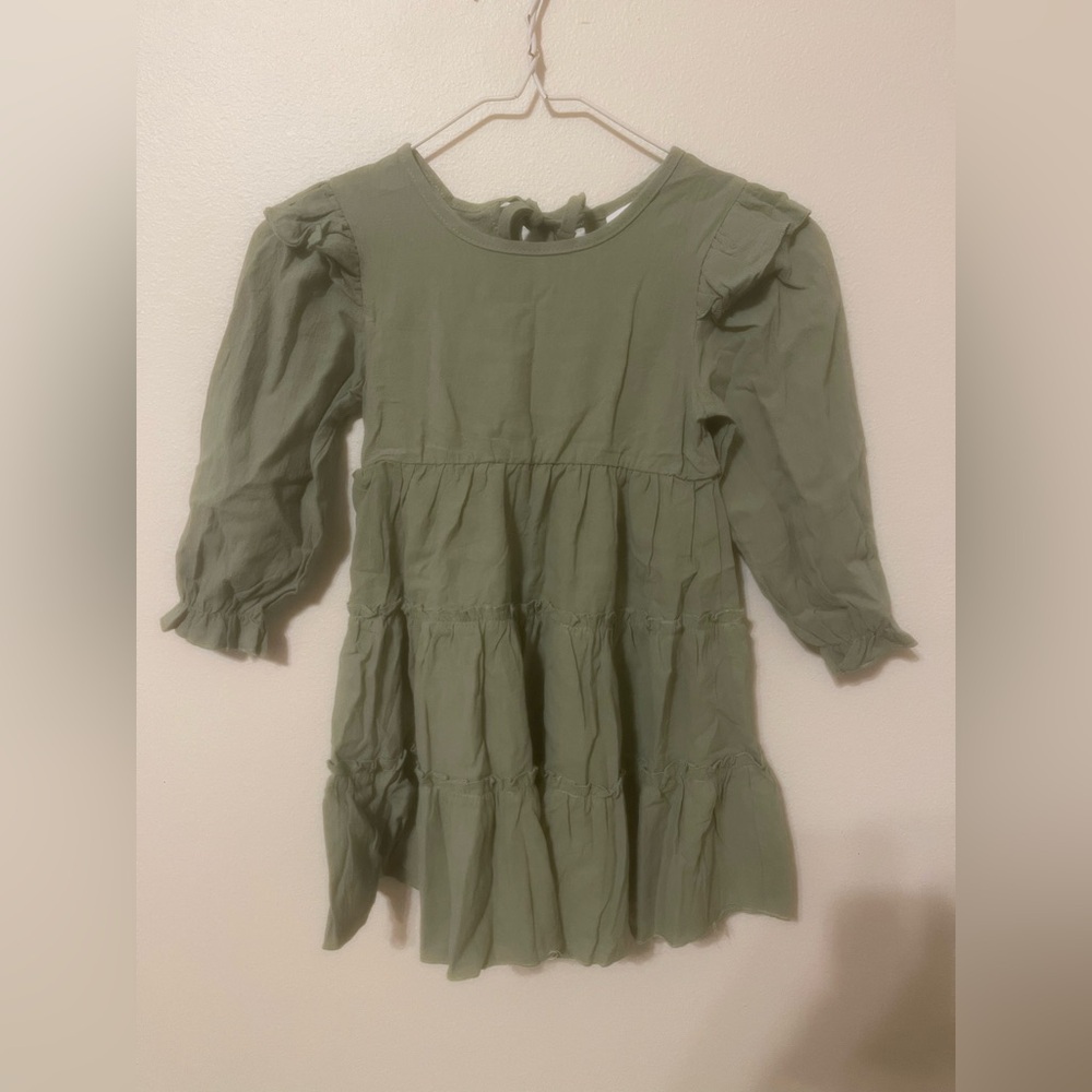 Girls' Olive Green Tiered Long-Sleeve Dress
